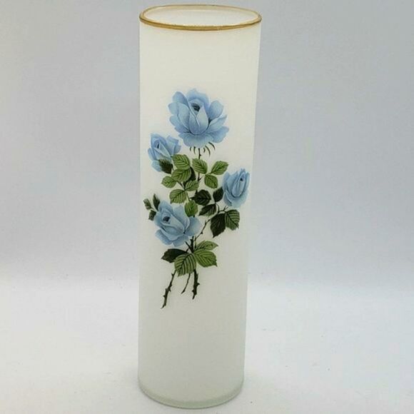 Enesco Vintage Satin White Frosted Blue Rose Flowers Gold Trim Art Glass Vase - Picture 10 of 10